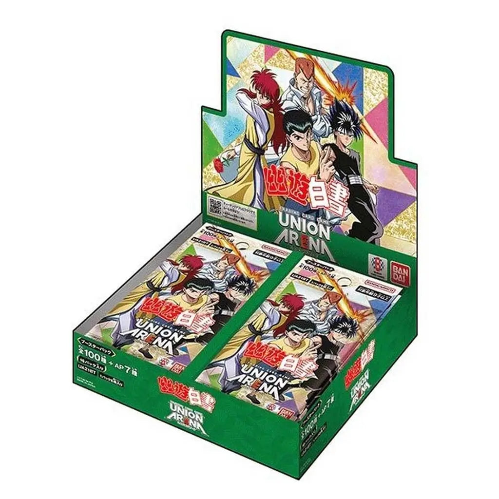 Anime trading card booster display shows a green glossy cardboard rectangular box with vivid character artwork, designed to hold Bandai Yu Yu Hakusho packs against a plain white background.