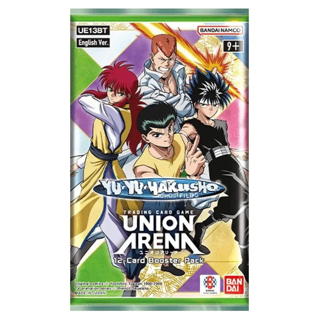 Yu Yu Hakusho Union Arena booster pack showing four main characters posed in dynamic stances against a colorful geometric background, highlighting the 12-card Bandai trading card game set.