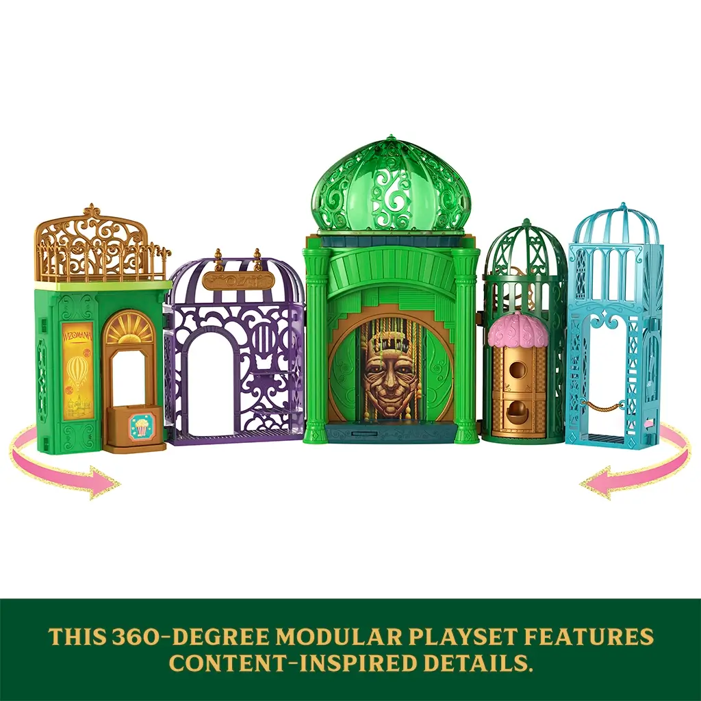 Wicked Emerald City 360-degree modular playset showing green, purple, and teal plastic towers arranged in a circular layout, highlighting interchangeable sections, decorative gates, and immersive city scenes inspired by the Wicked film.