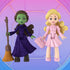 Wicked Emerald City character dolls featuring Elphaba in dark purple dress with broom and Glinda in light pink dress with handbag, designed as small articulated figures for roleplay within the Emerald City playset.