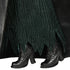 Wicked Elphaba Thropp doll shoe detail shows glossy black heeled boots with molded seams and sturdy soles, paired with dark green textured skirt fabric, illustrating durable construction and character-accurate footwear design.