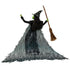 Wicked Elphaba Thropp fashion doll rear view shows long flowing black and green cape with sheer patterned texture, layered skirt construction, and articulated limbs, revealing costume detailing and dramatic silhouette from the back.