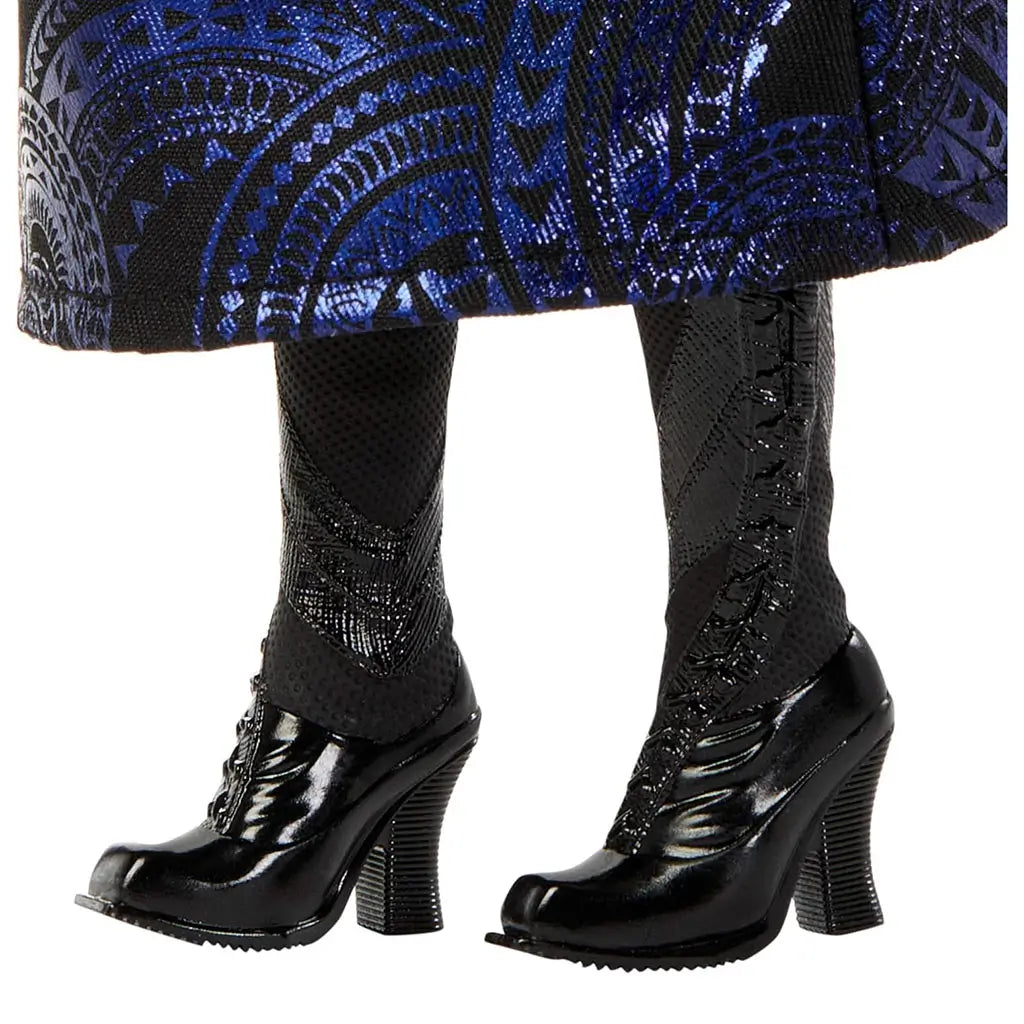 Wicked Elphaba doll footwear close-up featuring black glossy heeled boots with molded texture, durable plastic material, designed as fashion-doll shoes that complete the character look on a white background.