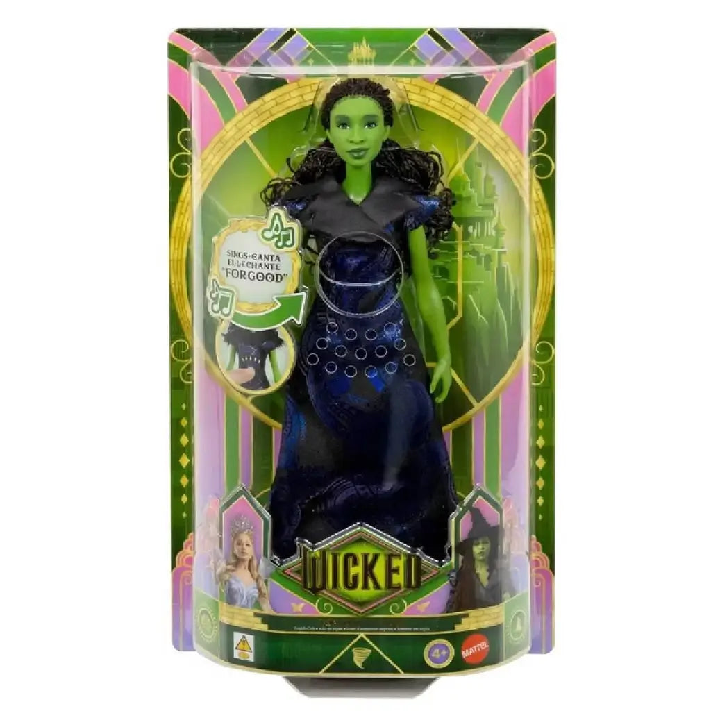 Wicked Elphaba singing doll displayed inside retail packaging with green and gold graphics, clear plastic window, Wicked branding, and musical feature callouts, presented as a collectible toy product.