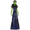 Wicked Elphaba doll with green skin, smooth plastic texture, tall slender form wearing a black floor-length gown with blue swirl patterns, designed as a singing fashion doll inspired by the musical, photographed on a white studio background.