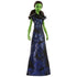 Wicked Elphaba doll with green skin, smooth plastic texture, tall slender form wearing a black floor-length gown with blue swirl patterns, designed as a singing fashion doll inspired by the musical, photographed on a white studio background.