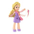 Universal Pictures Wicked doll shows a lavender and pink plastic Glinda mini figure with wavy blonde hair, patterned dress, purse accessory, and articulated arms posed waving against a clean white studio background.