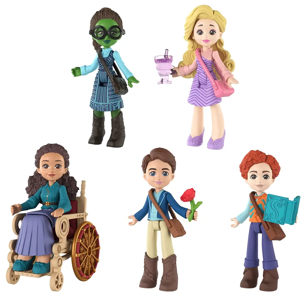 Universal Pictures Wicked doll set displays five small plastic student figures in varied outfits and colors, arranged together to show character scale, accessories, and costume details on a clean white background.