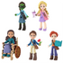 Universal Pictures Wicked doll set displays five small plastic student figures in varied outfits and colors, arranged together to show character scale, accessories, and costume details on a clean white background.