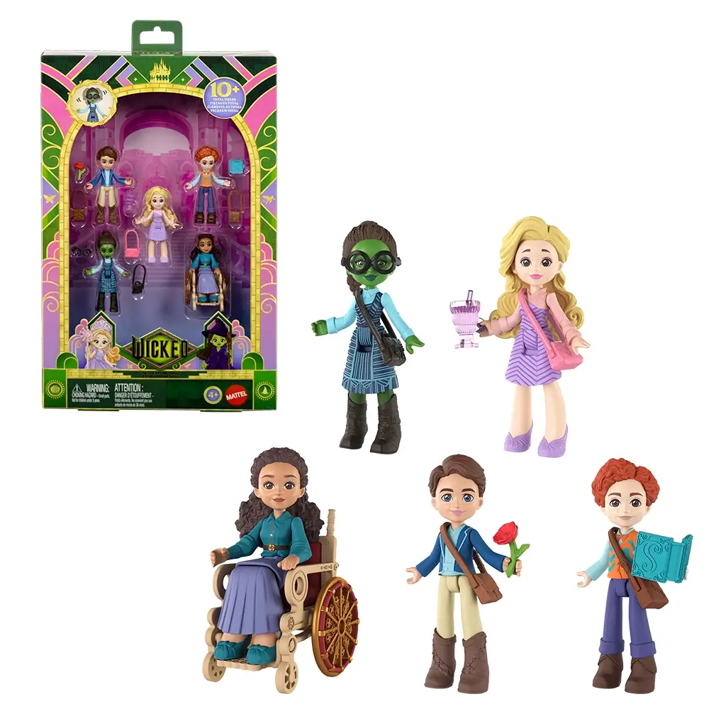 Universal Pictures Wicked toy packaging shows a green and purple cardboard window box containing five small student dolls, accessories, age labeling, and branding graphics photographed on a white background.