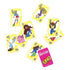Barbie UNO playing cards spread out showing illustrated Barbie characters in vibrant outfits, with numbers and action cards framed by yellow patterned borders.