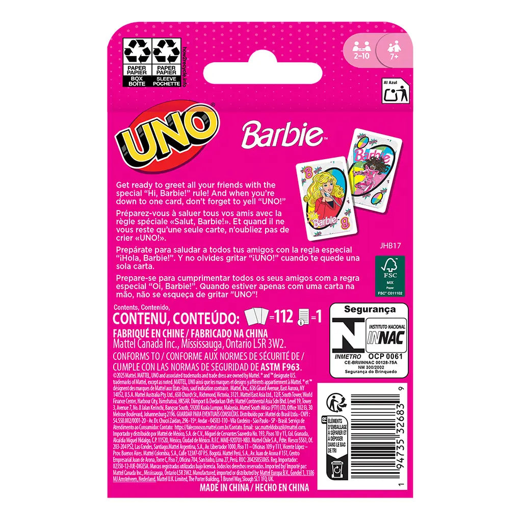 Back of Barbie UNO game package with pink background, product details, multilingual rule explanation, and preview images of Barbie-themed cards.