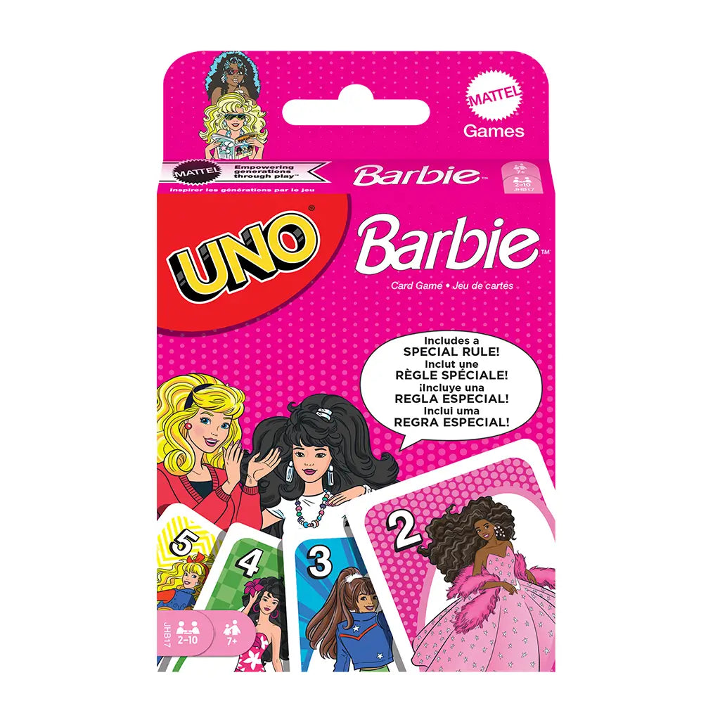 Barbie UNO card game package with bright pink box featuring Mattel branding, Barbie characters in colorful outfits, and text highlighting a special rule.