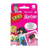 Barbie UNO card game package with bright pink box featuring Mattel branding, Barbie characters in colorful outfits, and text highlighting a special rule.