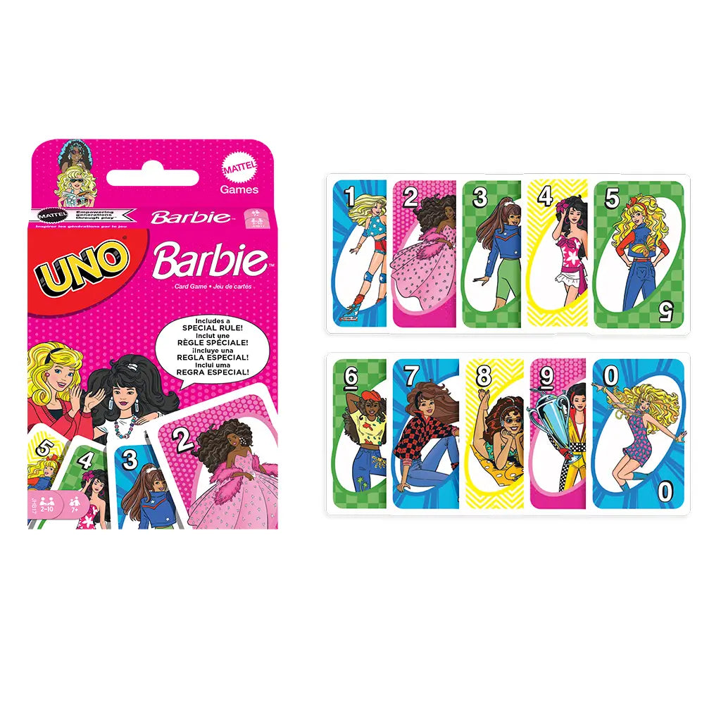 Barbie UNO card game set showing pink packaging beside two rows of colorful cards featuring Barbie illustrations in various outfits and numbered designs.