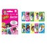 Barbie UNO card game set showing pink packaging beside two rows of colorful cards featuring Barbie illustrations in various outfits and numbered designs.