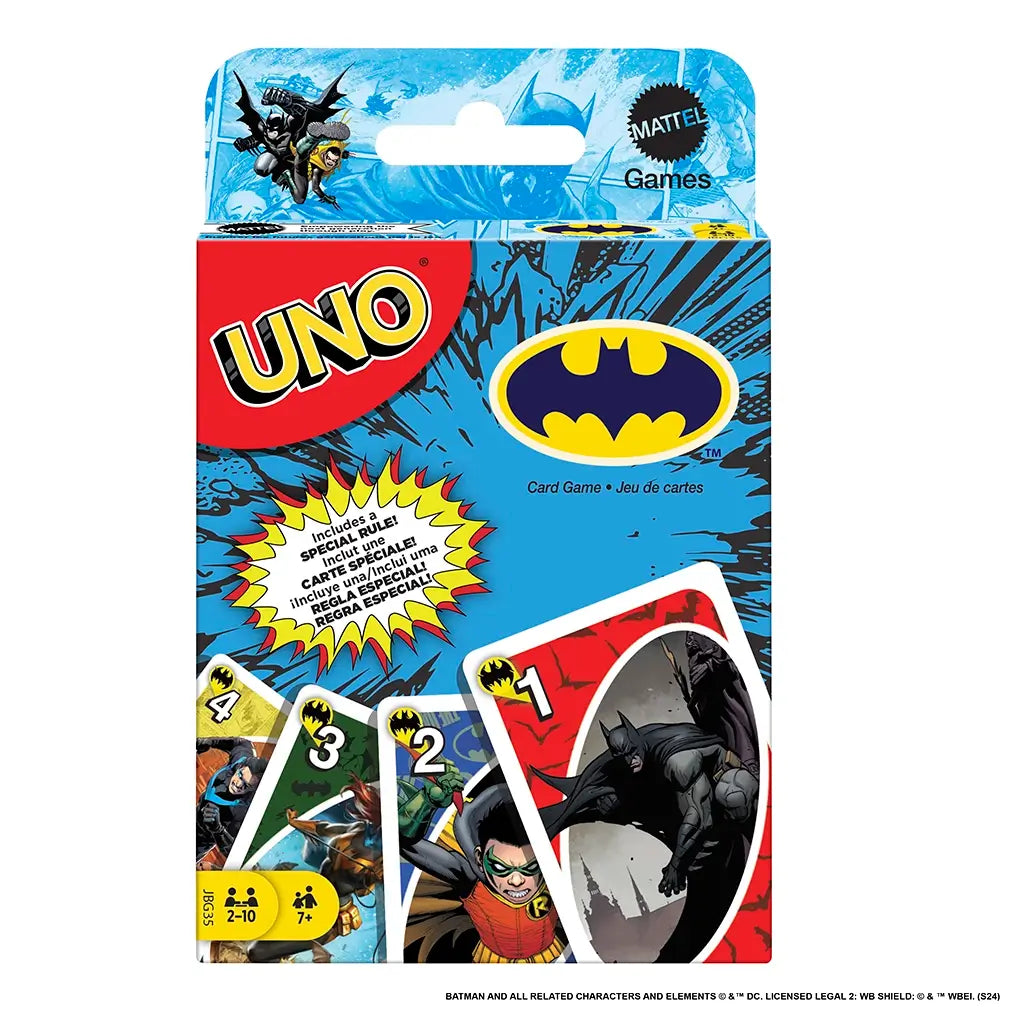 Front of Batman UNO card game box in bold red and blue with Batman logo, UNO logo, hero artwork including Batman and Robin, and a burst icon highlighting special rule.
