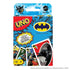 Front of Batman UNO card game box in bold red and blue with Batman logo, UNO logo, hero artwork including Batman and Robin, and a burst icon highlighting special rule.