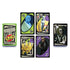 Beetlejuice UNO card game set featuring colorful horror-themed cards with movie characters in striped designs, displayed with deck stacks against a white background.