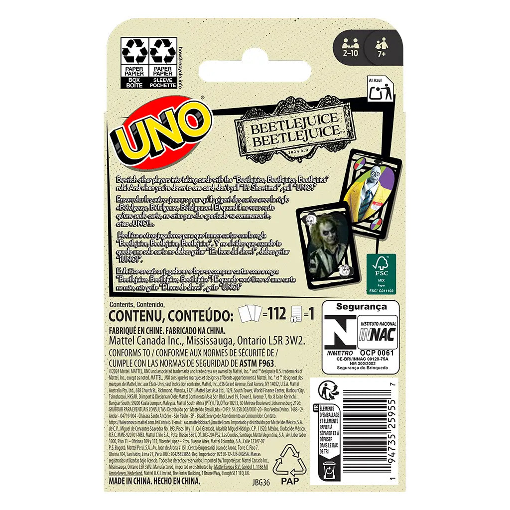 Back of Beetlejuice UNO card game package with printed instructions, UNO logo, character card previews, and safety details displayed on beige background with black text.