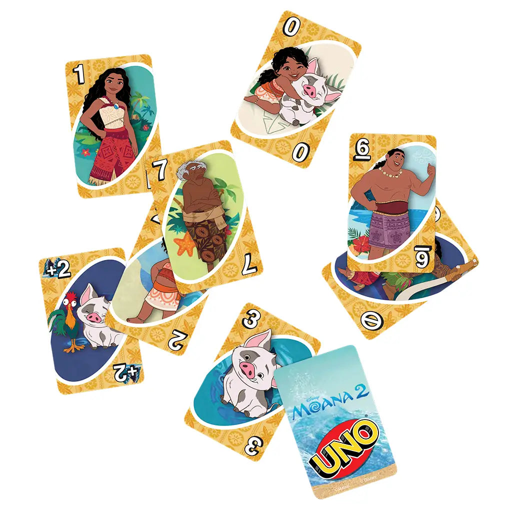 Spread of Disney Moana 2 UNO cards features vibrant character illustrations of Moana, Maui, Grandma Tala, and animal friends Pua and Hei Hei against tropical patterned backgrounds.