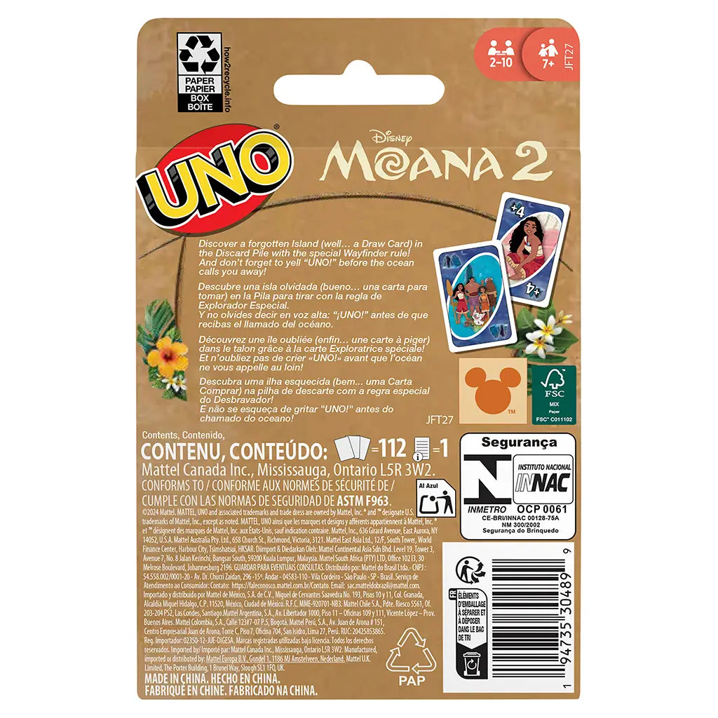 Back of Disney Moana 2 UNO card game packaging displays instructions in multiple languages, tropical flower accents, and sample cards featuring Moana, Pua, and other film characters.