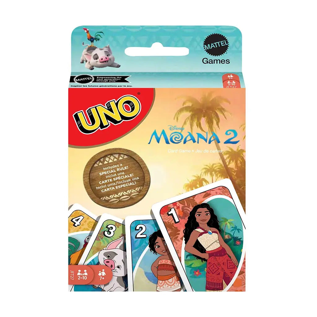 Disney Moana 2 UNO card game front packaging shows tropical palm tree background with characters like Moana and Pua on numbered cards, designed for 2–10 players ages 7 and up.