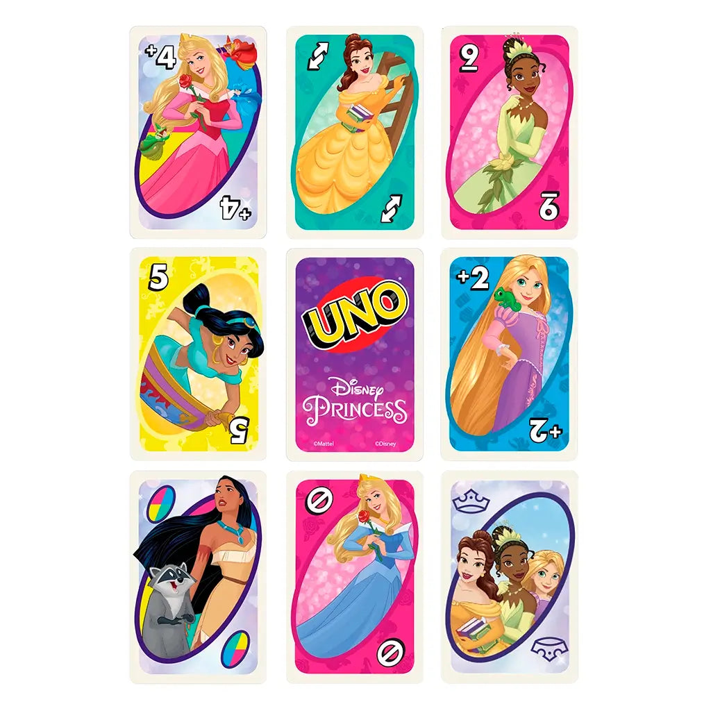 Disney Princess UNO cards featuring colorful illustrations of Aurora, Belle, Tiana, Jasmine, Rapunzel, Pocahontas, and Cinderella on numbered and action cards against bright patterned backgrounds.