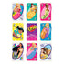 Disney Princess UNO cards featuring colorful illustrations of Aurora, Belle, Tiana, Jasmine, Rapunzel, Pocahontas, and Cinderella on numbered and action cards against bright patterned backgrounds.