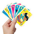 Hand holding a fan of Disney Princess UNO cards, including Jasmine, Tiana, Pocahontas, and colorful action cards with bright pink, yellow, and blue backgrounds and playful princess artwork.