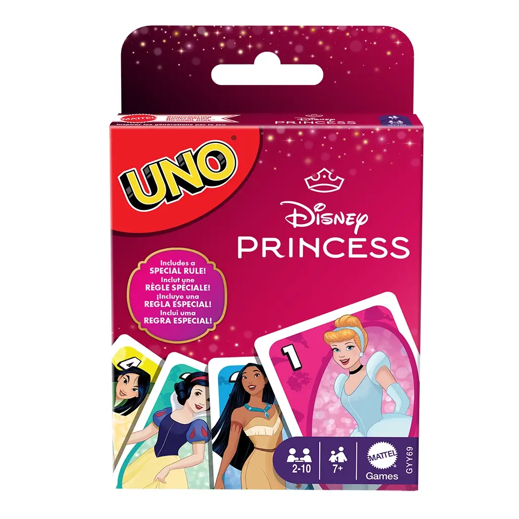 Disney Princess UNO card game packaging in a magenta box with sparkles, showing Cinderella, Snow White, Mulan, and Pocahontas on the front, with bold UNO branding and a crown-themed princess logo.