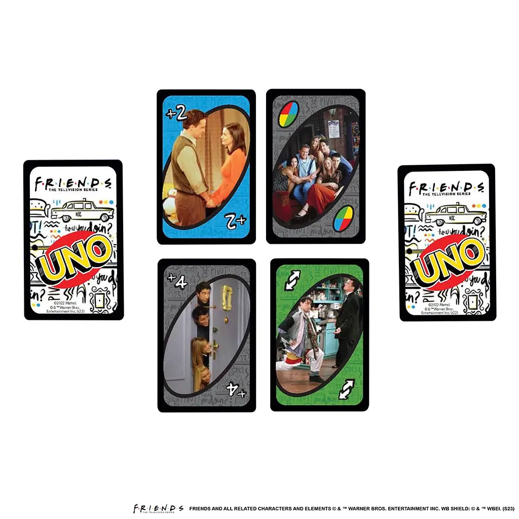 UNO Friends card game layout shows character cards with memorable sitcom moments, including Ross and Rachel, Central Perk scenes, and group shots of the cast.