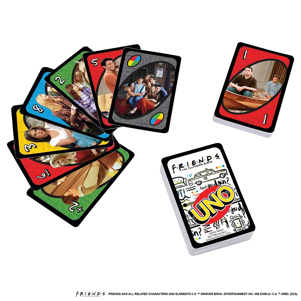 UNO Friends card game spread shows colorful cards featuring iconic TV show scenes with characters like Ross, Rachel, Monica, Joey, Chandler, and Phoebe in themed play.