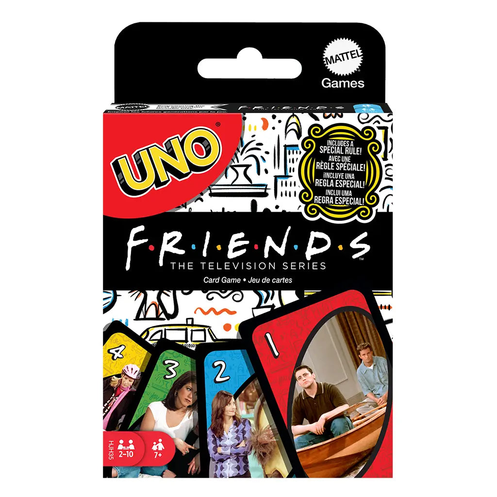 Mattel UNO Friends card game packaging features themed deck with photos of the sitcom cast, highlighting a special rule for fans of the television series.