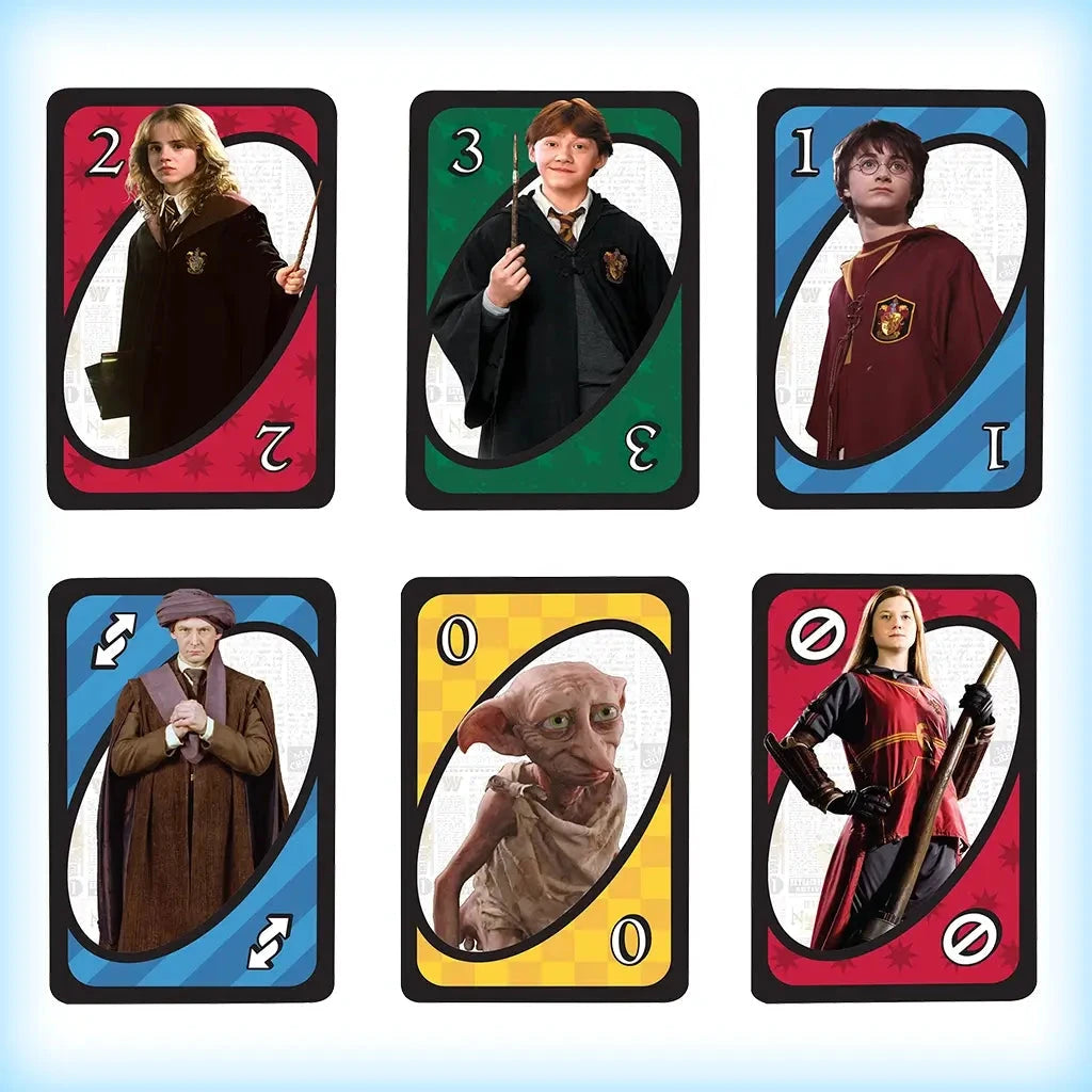 Six Harry Potter-themed UNO cards featuring Hermione, Ron, Harry, Professor Quirrell, Dobby, and Ginny, each with colorful backgrounds and corresponding numbers or action symbols.