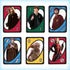Six Harry Potter-themed UNO cards featuring Hermione, Ron, Harry, Professor Quirrell, Dobby, and Ginny, each with colorful backgrounds and corresponding numbers or action symbols.