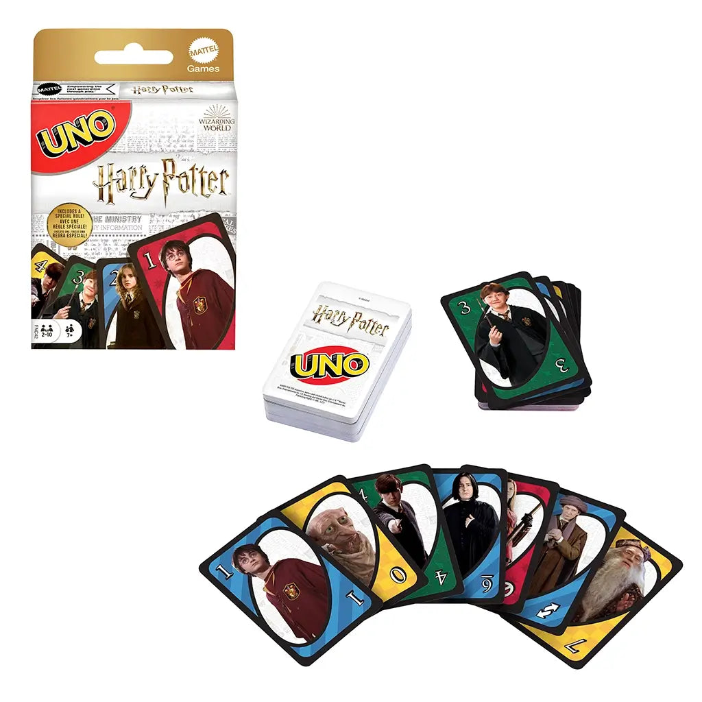 Harry Potter UNO card game set with box, deck of cards, and several cards spread out featuring characters like Ron, Harry, Dobby, Snape, and Dumbledore.