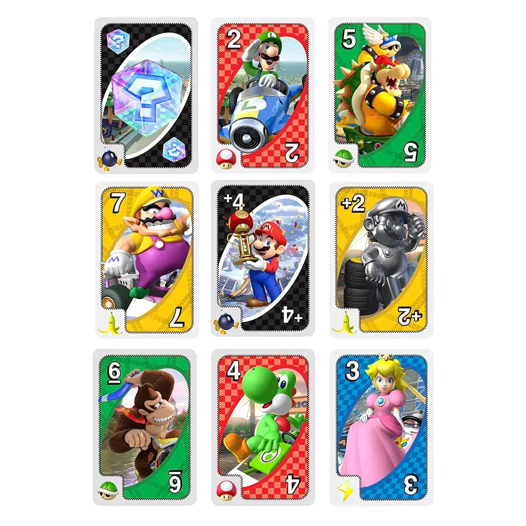 UNO Mario Kart card deck spread displaying characters like Yoshi, Donkey Kong, Peach, Bowser, and Wario on vividly colored cards with numbers and action symbols.