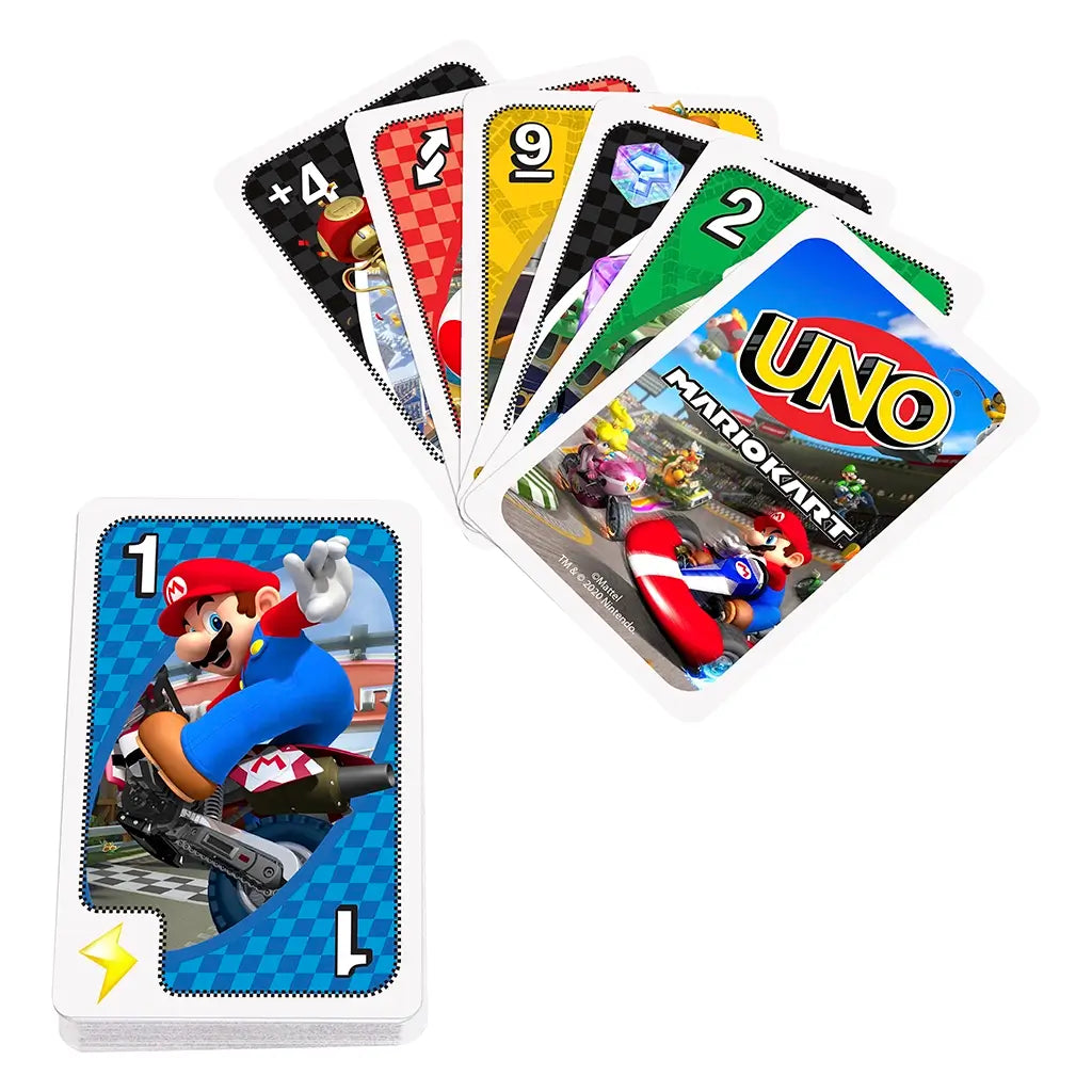 Colorful UNO Mario Kart playing cards featuring Mario, Luigi, and characters in racing karts with bold numbers and symbols displayed on a white background.
