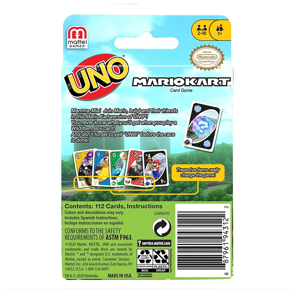 Brightly colored back packaging of UNO Mario Kart card game showing instructions, card samples, and details about the Wild Item Box rule with Nintendo branding.