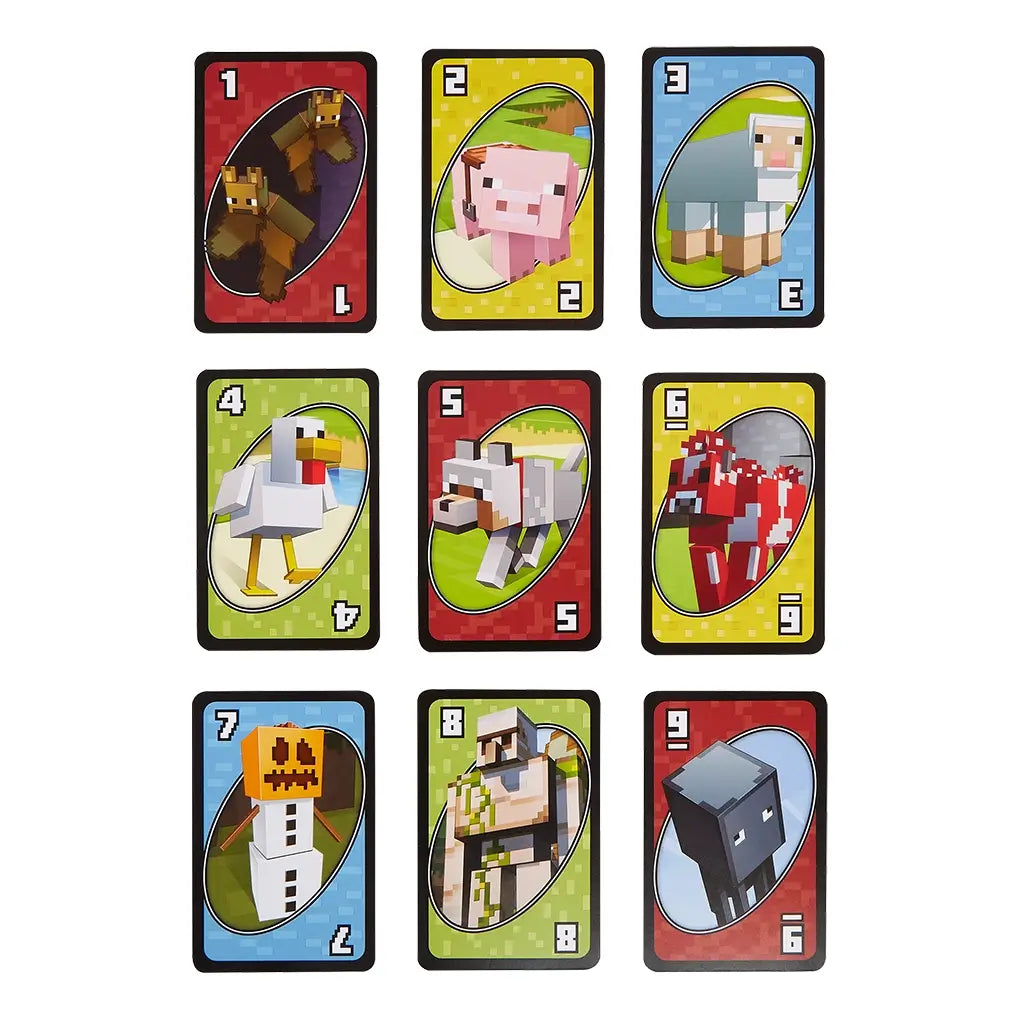 Nine UNO Minecraft cards featuring pixelated animals like pig, sheep, chicken, wolf, mooshroom, snow golem, iron golem, bat, and squid on colorful backgrounds.