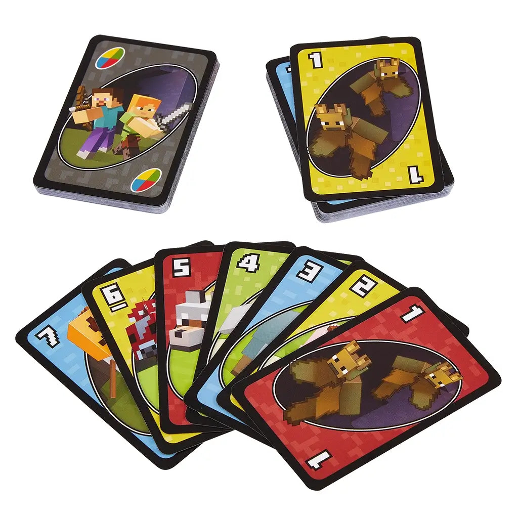 Spread of UNO Minecraft cards with pixelated mobs including bat, mooshroom, wolf, sheep, pig, snow golem, and characters Steve and Alex on the deck.