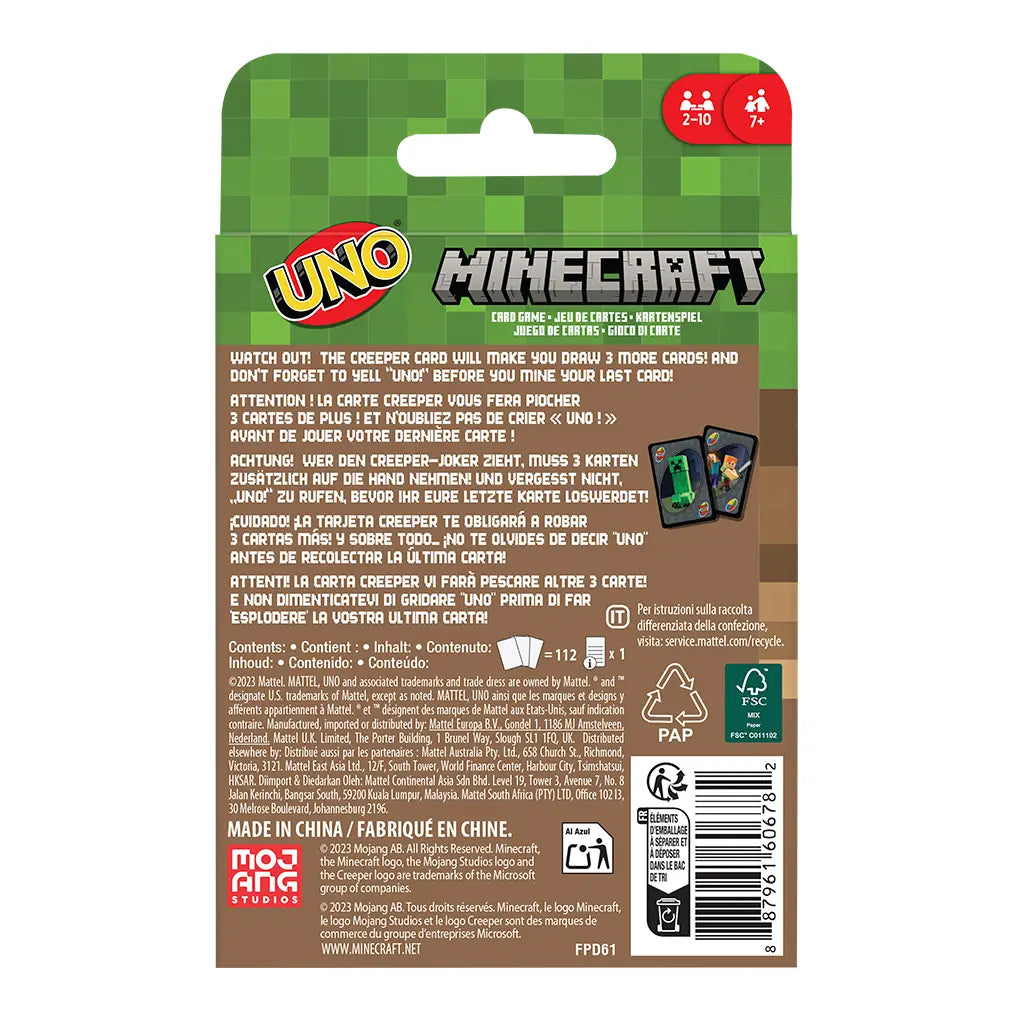 Back of UNO Minecraft card game package showing instructions in multiple languages, Creeper card rule, contents list, and branding with pixelated green background.