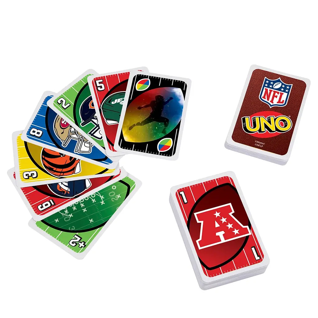 NFL UNO playing cards spread across a table with bright team helmets, logos, and numbers in red, blue, yellow, and green beside the official deck for fun family game nights.