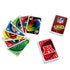 NFL UNO playing cards spread across a table with bright team helmets, logos, and numbers in red, blue, yellow, and green beside the official deck for fun family game nights.
