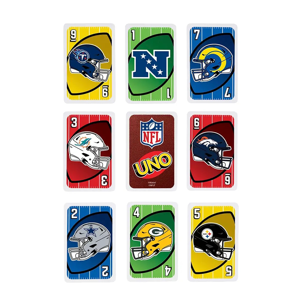 NFL UNO cards displayed in a grid with team helmets, league logos, and bright red, green, blue, and yellow backgrounds, showing the variety of designs included in the set.