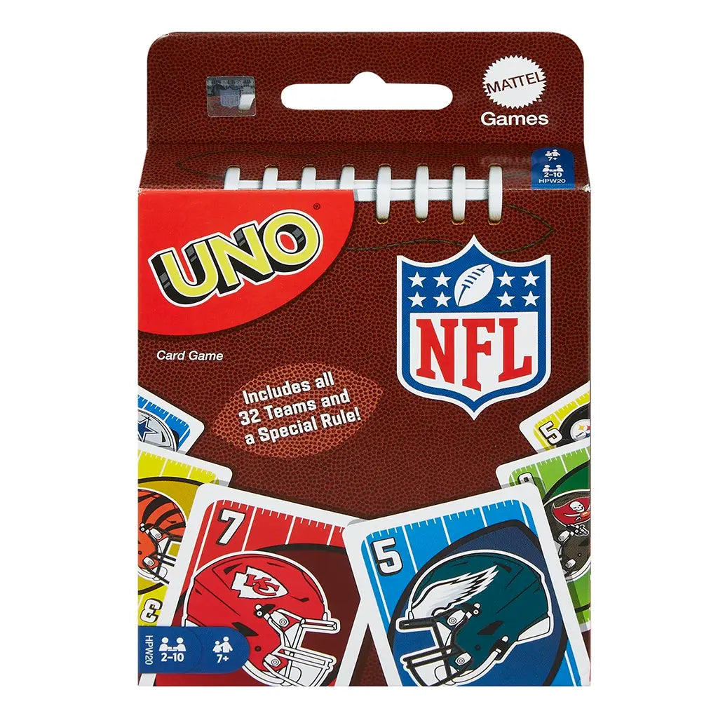 Mattel NFL UNO card game retail box with football-textured design, large NFL logo, and sample cards showing team helmets, bold numbers, and a tagline about all 32 teams.