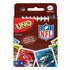 Mattel NFL UNO card game retail box with football-textured design, large NFL logo, and sample cards showing team helmets, bold numbers, and a tagline about all 32 teams.