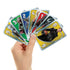 A hand fans out colorful UNO Star Wars The Mandalorian cards featuring characters like Grogu, Boba Fett, Ahsoka, and Fennec Shand in yellow, blue, red, and green suits.