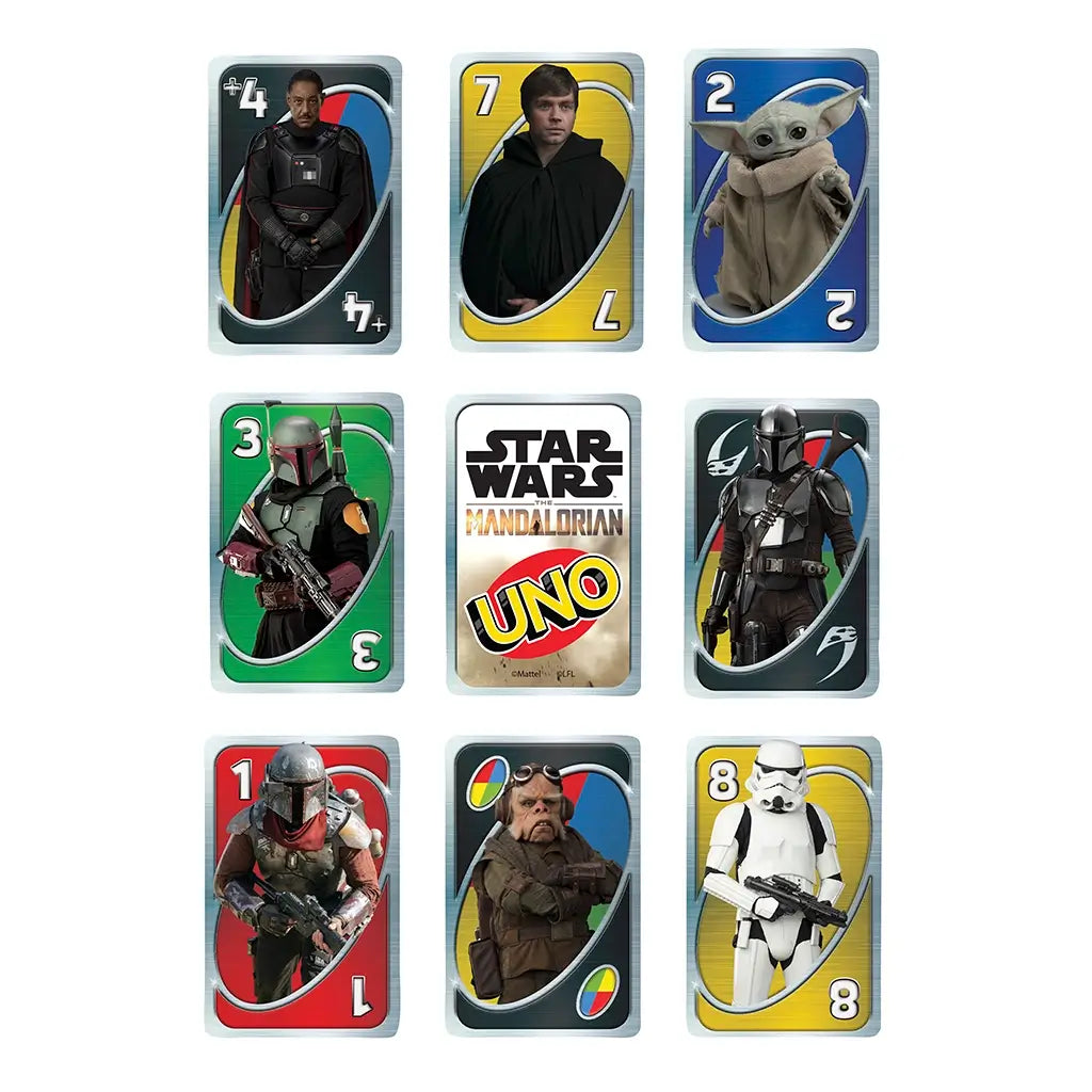 UNO Star Wars The Mandalorian card spread displays themed character cards including Grogu, Luke Skywalker, Din Djarin, Boba Fett, and Stormtroopers with vivid colors.